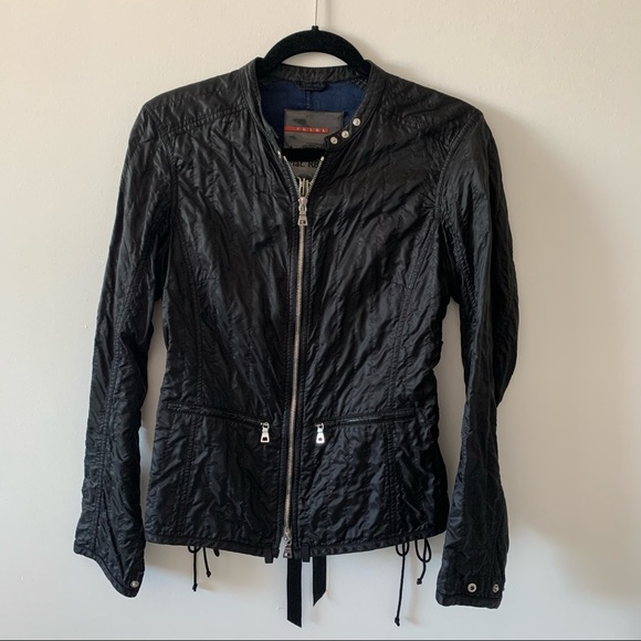 Black Prada zip up jacket top moto ruched size 42 - Picture 7 of 8